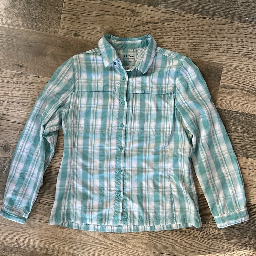 LL Bean button front plaid shirt turquoise white womens medium‎